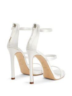 white leather satin finish open toe round toe double-strap design ankle strap rear zip fastening branded insole 120mm high stiletto heel Strap Design, Stiletto Heel, Giuseppe Zanotti, Satin Finish, White Leather, Leather Sandals, Stiletto Heels, Ankle Strap, Open Toe