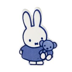 a blue and white sticker with a bunny holding a teddy bear in it's lap