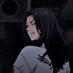 an anime character with long black hair wearing a white shirt and looking to the side