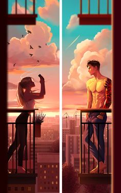 two people standing on top of a balcony next to each other with birds flying over them