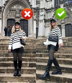 two women in black and white outfits standing on steps