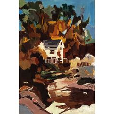 a painting of a house in the woods