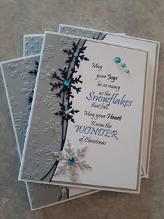 three cards with snowflakes on them, one is for someone who loves christmas