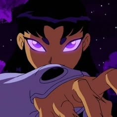 an animated image of a woman with purple eyes holding a hand in front of her face