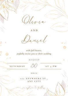 a wedding card with gold foil leaves on it