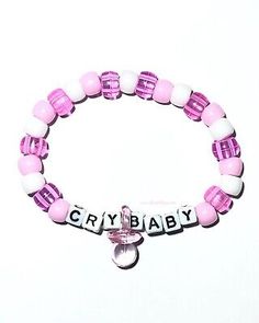 CRY BABY Kandi Beaded BraceletThis bracelet is made with baby pink, transparent pale pink, and white pony beads with the wording CRY BABY and a transparent pale pink pacifier in between the wordsAvailable SizesOSFM5 - 5.5 inches 5.5 - 6 inches 6 - 6.5 inches 6.5 - 7 inches 7 - 7.5 inches 7.5 - 8 inches 8 - 8.5 inches 8.5 - 9 inches If you need a certain size not available please send us a message. Anime Relatable, Melanie Concert, Edc Bracelets, Pink Pacifier, Kandi Inspo, Trilogy Tour, Candy Bracelet