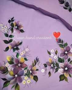 a painting of flowers on a purple background with the words queen and creations written in white