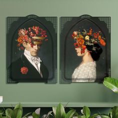 two paintings of people with flowers in their hair