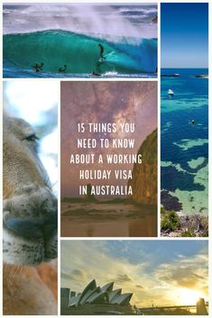 the collage shows images from different places in australia, including water and people on surfboards