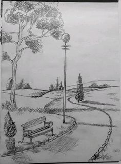 a pencil drawing of a park bench next to a lamp post and tree in the distance