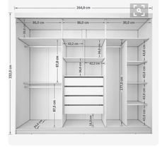 an open closet with measurements for the door and shelf space on each side is shown