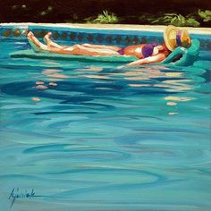 a painting of a woman swimming in a pool