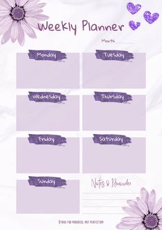 the weekly planner with purple flowers on it