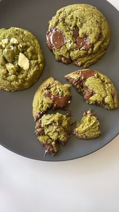 chocolate chip cookies are on a gray plate