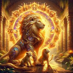 a lion and her cub are sitting in front of an ornate doorway with the sun shining through