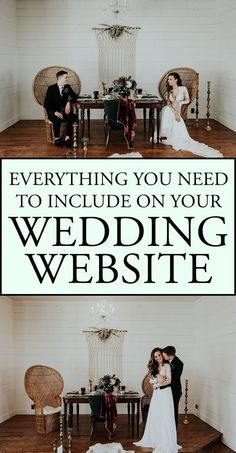 a bride and groom standing in front of a wedding website banner with the words everything you need to include on your wedding website