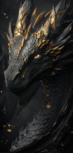 a black and gold dragon is shown in this artistic photo, it appears to be painted with