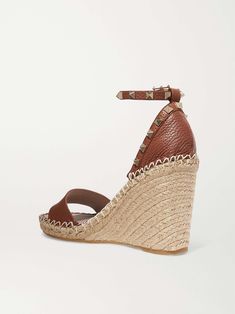 VALENTINO GARAVANI Rockstud 105 textured-leather espadrille wedge sandals Summer Leather Wedge Sandals With Reinforced Heel, Leather Wedge Sandals With Reinforced Heel For Summer, Luxury Heels With Heel Strap For Vacation, Luxury Vacation Heels With Heel Strap, Designer Summer Wedge Heel Espadrilles, Summer Calf Leather Sandals With Reinforced Heel, Designer Summer Espadrilles With Wedge Heel, Summer Sandals With Reinforced Heel In Calf Leather, Luxury Ankle Strap Heels For Vacation