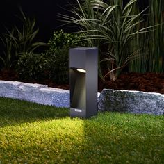 an outdoor light in the grass near some plants