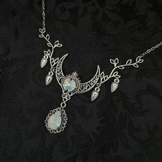 White Opal Crescent Moon Goddess Priestess Celtic Elven Elvish Elf Filigree Necklace Choker Pendant Wedding Bridal Medieval Renaissance - Etsy Medieval Pendant, Fantasy Silver Jewelry With Moon Charm, Silver Ethereal Necklace With Moon Charm, Mystical Silver Jewelry With Intricate Design, Filigree Necklaces, Choker Pendant, Moon Goddess, Crescent Moon, White Opal