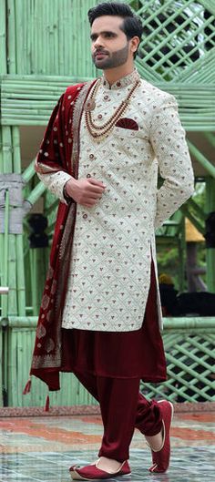 White and Off White color Sherwani in Art Silk fabric with Embroidered, Resham, Sequence, Thread, Zari work Plus Size Lehenga, Blue Sherwani, Groom Sherwani, Groom Dress Men, Sherwani Groom, Mens Sherwani, Sherwani For Men, Dress Men, Wedding Sherwani