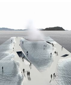 many people are walking around in the water near an artificial structure that looks like a boat