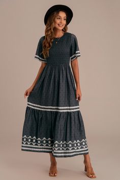 Black Short Sleeve Round Neck Elastic Waist Smocked Maxi Dress Short Dress Patterns, Floral Maxi Dresses, Smocked Maxi Dress, Stylish Maxi Dress, Modest Dresses Casual, Latest Dresses, Timeless Dress, High Quality Dress, Comfy Dresses