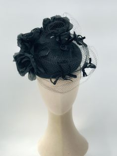 Classy & elegant black fascinator hat with handmade silk roses & delicate vintage netting. One of a kind Ready to ship Fits comfortably with an elastic band tucked under the hair at the nape of the neck. Black Costume Hats For Kentucky Derby Wedding, Black Kentucky Derby Costume Hat, Fitted Evening Fascinator With Handmade Flowers, Black Mini Hat For Kentucky Derby Wedding, Evening Fascinator With Handmade Flowers, Black Mini Hat For Vintage Events And Kentucky Derby, Handmade Flowers Fascinator For Kentucky Derby Evening, Kentucky Derby Evening Fascinator With Handmade Flowers, Black Fascinator With Handmade Flowers For Kentucky Derby