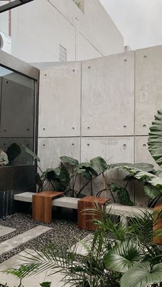 an outdoor area with plants and benches in front of a concrete wall on the side of a building