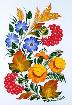 a painting of colorful flowers and leaves on a white background with red, yellow, blue, orange, and green stems