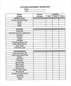 the kitchen equipment inventory sheet is shown in black and white, with an additional list for each