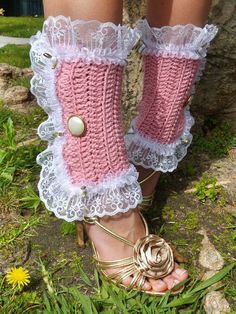 Be charmed and delighted with lacy, Victorian style leg warmers...perfect for a tea party, romantic spring picnic, or anytime you're feeling whimsical!!These elegantly cozy spats feature crochet work in a lovely rose colored yarn and come trimmed with a froth of ruffled lace and organza. Tiny satin rosettes and pretty pearl buttons, plated in 24k gold, complete this fairytale look.-Sizes XXS-XL. (See image 5 for the size chart, and chose your size, in combination with your height, from the dropd Cute Pink Leg Warmers For Spring, Pink One Size Leg Warmers For Spring, Cute Fitted Leg Warmers For Spring, Style Leg Warmers, Spring Picnic, Crochet Work, Knit Fashion, Rose Color, Victorian Style