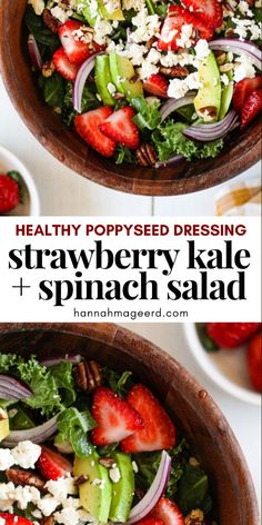 strawberry kale and spinach salad with feta cheese on top in a wooden bowl