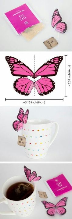 three different views of the same cup and saucer, one with pink butterflies on it