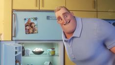 a cartoon character standing in front of an open refrigerator