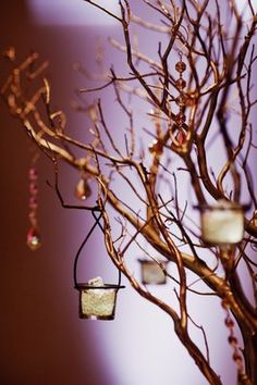 a tree with ornaments hanging from it's branches in front of a purple wall