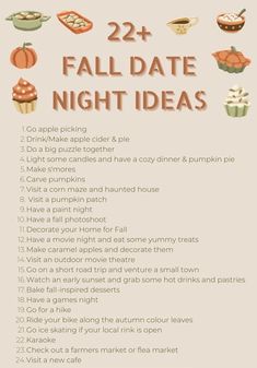 the fall date night ideas list is shown with pumpkins and cupcakes on it