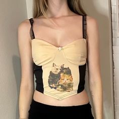 Brand New Size Small White Y2k Style Cat Print Top, Cat Corset, Y2k Cotton Cat Print Tops, Graphic Corset Top, Leopard Corset, Black Corset Top, Black Corset, Black Cream, Corset Top