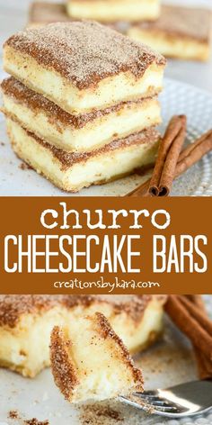 the cheesecake bars are stacked on top of each other with cinnamon sprinkles