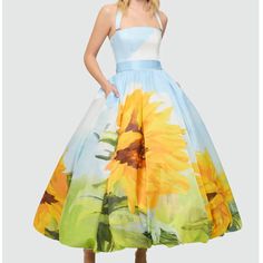 Brand New With Tags. Sold Out Everywhere. Impossible To Find Blue Floral Print Dress With Full Skirt, Yellow Floral Print Dress For Wedding, Yellow Silk Dress For Garden Party, Yellow Floral Print Midi Dress For Cocktail, Yellow Full Skirt Dresses For Summer, Sunflower Gown, Leo Lin, Kawaii Style, Earth Angel