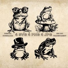 four frogs with hats on their heads and one frog wearing a top hat