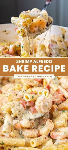 shrimp alfredo bake recipe in a white bowl with a spoon full of pasta and sauce