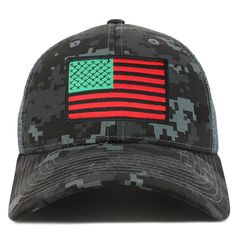 50% Cotton , 50% Nylon Quality Red Green Black American flag embroidered patched camo patterned structured mesh trucker cap 6 panels, mid profile, structured crown, front 2 panels with 4 mesh back panels Stiff and pre-curved bill, same camo pattern under bill Finished with an adjustable plastic snapback closure One Size Fits Most Shipping and Handling - Usually ships in 1-2 business days - Standard shipping takes 3-5 business days, Priority shipping takes 2-3 business days. (Domestic) Return &am Camouflage Trucker Baseball Cap, Camouflage Trucker Hat With Curved Bill, Camouflage Trucker Snapback Hat With Curved Bill, Camouflage Curved Bill Trucker Snapback Hat, Black Military Snapback Hat With Curved Bill, Camouflage Trucker Hat For Sports, Black Military Trucker Hat, Camouflage Trucker Baseball Cap With Flat Bill, Camouflage Trucker Snapback Hat