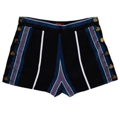 ▪ Vivienne Westwood navy wool hot pants ▪ 100% Wool ▪ Turquoise, teal, grey and white stripes ▪ Twelve gold Orb etched buttons ▪ IT 40 - FR 36 - UK 8 - US 4 ▪ Spring-Summer 1994 Striped Summer Bottoms With Buttons, Striped Bottoms With Buttons For Summer, Vivienne Westwood Fashion, Ella Mai, Silk Kimono Jacket, Png Clothes, Super Fly, Desired Reality, Outfit Design