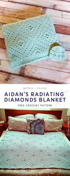 a crocheted bed with the words, afghan's radiating diamonds blanket