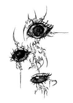 an ink drawing of two eyes and one eyeball