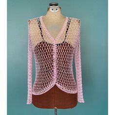 a Lyn Evans Studio Fitted V-neck Pink Crochet Top, Spring Party Crochet Top With Long Sleeves, Spring Party Long Sleeve Crochet Top, Long Sleeve Crochet Top For Summer Parties, Fitted Long Sleeve Crochet Party Top, Fitted Long Sleeve Crochet Top For Party, Fitted Pink Open Knit Cardigan, Pink Open Knit Summer Cardigan, Summer Pink Open Knit Cardigan