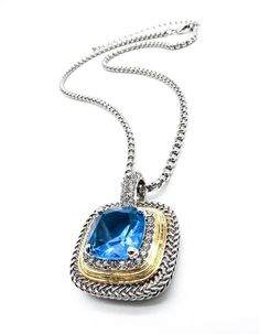 NEW 18kt Gold Plated Wheat Cable Aqua Blue CZ Crystal Square Pendant Necklace NEW 18kt Gold Plated Wheat Cable Aqua Blue CZ Crystal Square Pendant Necklace Click images to enlarge Description STUNNING 18kt Gold Plated Wheat Cable Aqua Blue 5.00ct Princess Cushion Cut CZ Crystal Square Pendant Box Chain Necklace     Brilliant Shimmer & Sparkle! Crafted with inset prong set center 5.00ct princess cushion cut faceted aqua blue CZ crystal surrounded by petite clear CZ crystals and outlined with 18kt Square Pendant Necklace, Box Chain Necklace, Square Pendant, Box Chain, Cushion Cut, Aqua Blue, Rhodium Plated, Prong Setting, Wheat