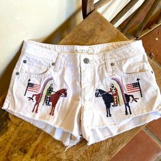 Ralph Laurendenim & Supply Hand Embroidered Of American Indian, Horses, Usa Flags White Distressed Denim Shorts. Woman’s Size 27. Vintage New Without Tags! Very Rare!!! Measurements: Approximate Across Waist: 15” Across Hips: 19” Front Rise: 9” Back Rise: 13” Leg Opening: 11 1/2” ***Purchased These A Number Of Years Ago For My Daughter. She Never Wore Them. ***New Without Tags. ***From A Smoke Free Home. ***Please See Pictures & Measurements. ***These Are Very Rare And I’m Firm On Price. ***Feel Thrift Wishlist, Indian Horses, American Flag Shorts, Ralph Lauren Denim, Ralph Lauren Shorts, Lauren White, Denim And Supply, Distressed Denim Shorts, American Indian