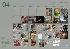 a calendar with pictures of people and words on the front page for each month in which there is a date